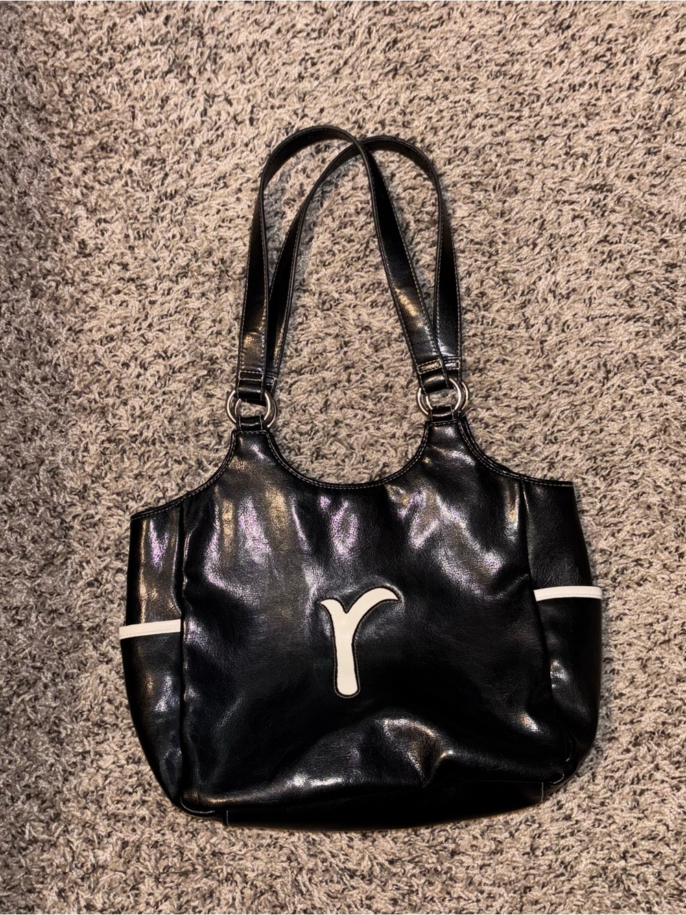Y2K Black Initial Faux Leather Shoulder Tote Bag White Contrast Trim